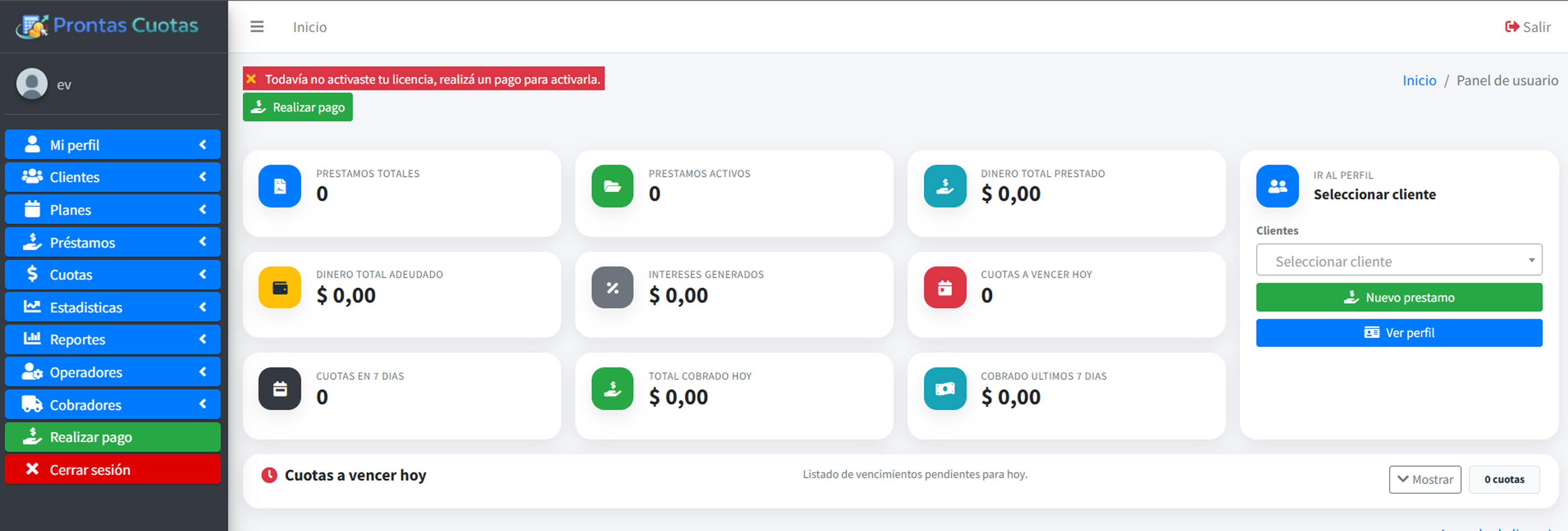 Panel del software para gestionar cuotas, pagos y clientes